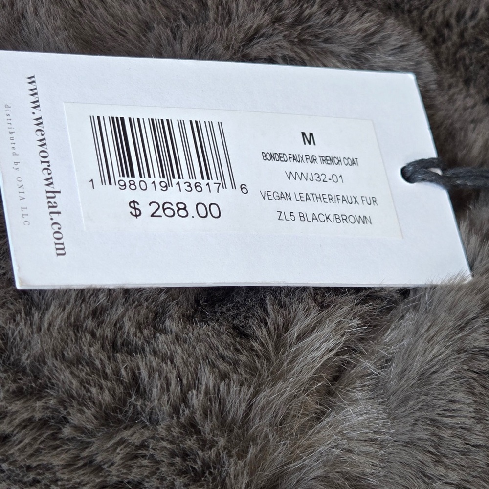 NWT WEWOREWHAT Bonded Faux Fur Trench Coat Vegan Leather Black Carmel 6822 - Picture 4 of 12